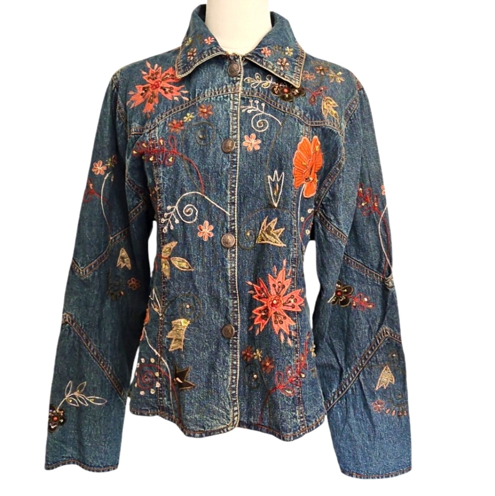 Flashback Couture Denim Jacket Ladies Sz L Vintage Floral Embroidered Rare - Picture 1 of 7
